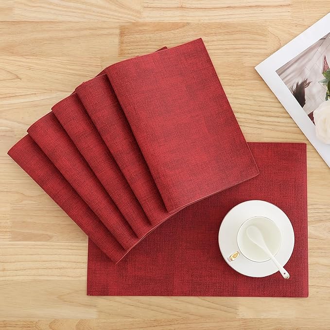 Homaxy Faux Leather Heat Resistant Placemats for Dining Table Set of 12, Waterproof Wipeable Washable PU Table Mats, Easy to Clean Anti-Slip Place Mats, 11.8" x 17", Red