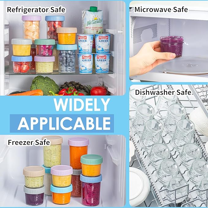 DRKIO 6 Pack Glass Baby Food Storage Containers - 4 & 8 oz Baby Food Jars with Lids Baby Food Maker Microwave Dishwasher Freezer Safe 100% Leak Proof BPA Free Reusable