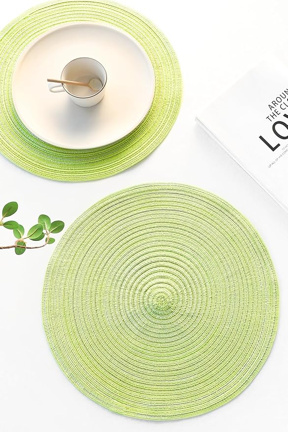 Floroom 15 Inch Round Braided Placemats Set of 6, Washable Heat Resistant Cotton Polyester Circle Place Mats for Kitchen Dining Table - Spring Green