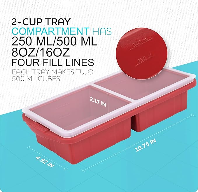 XOMOO Silicone Freezer Tray With Lid-Soup Freezer Container molds-2-cup Extra Large Ice Cube Tray-makes 4 perfect 500ml portions cubes, For freezing soup,stews,sauces.Oven&Dishwasher-Safe(2-Pack)