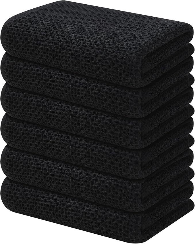 Kitinjoy 100% Cotton Waffle Weave Kitchen Hand Towels (13 X 28 Inches, Black), 6-Pack Super Soft and Absorbent Dish Towel for Drying Dishes