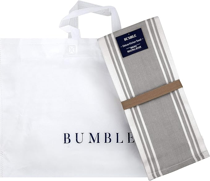 Premium Kitchen Towels (20”x 28”, 6 Pack) | Large Cotton Dish Towels | Flat & Terry Highly Absorbent Kitchen Linen Set with Hanging Loop | Wide Stripe Grey