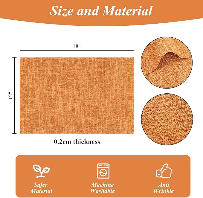 SHACOS Fall Placemats Set of 4 Washable Cloth Double Layer Thick Faux Linen Fabric Table Place Mats Non Slip Table Mats for Thanksgiving Indoor Outdoor, Orange