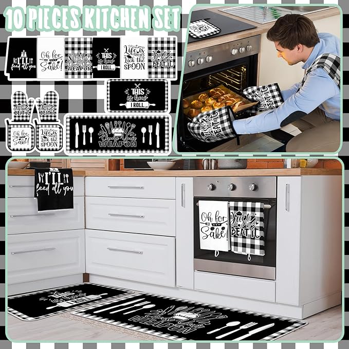Fourluoo 12 Pcs Checkered Buffalo Kitchen Oven Mitts and Pot Holders Black and White Dish Towels Farmhouse Kitchen Decor Accessories Set for Chef Baking Cooking Grilling BBQ Women Mom Gift