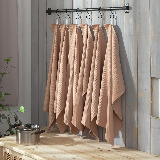 QUILTINA Dish Towels Set,100% Cotton Waffle Weave Kitchen Towels 6 Pack,17 x 25 Inches Dish Towels for Kitchen,Super Absorbent for Drying and Cleaning(Brown)
