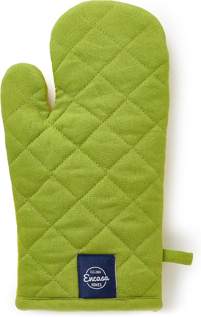 Encasa XO Heat Resistant Cotton Oven Gloves Mitts (2 Pc Set) - Quilted & Safe 12x6.6 in - for Kitchen, Cooking & Baking, Grilling, Handling Hot Pots & Pans - Lime Green