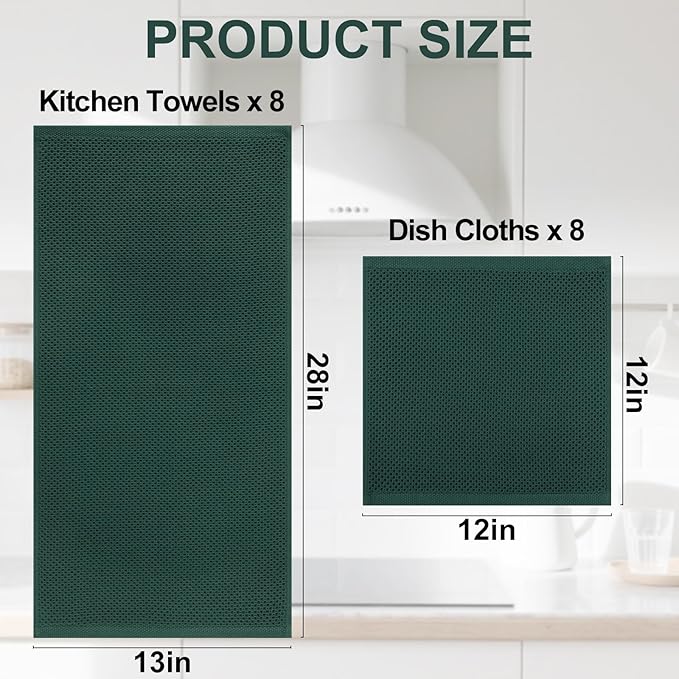 Homaxy 100% Cotton Kitchen Towels and Dishcloths Set, 12 x 12 Inches and 13 x 28 Inches, Set of 16 Bulk Kitchen Towels Set, Ultra Soft Absorbent Dish Cloths for Washing Dishes, Blackish Green