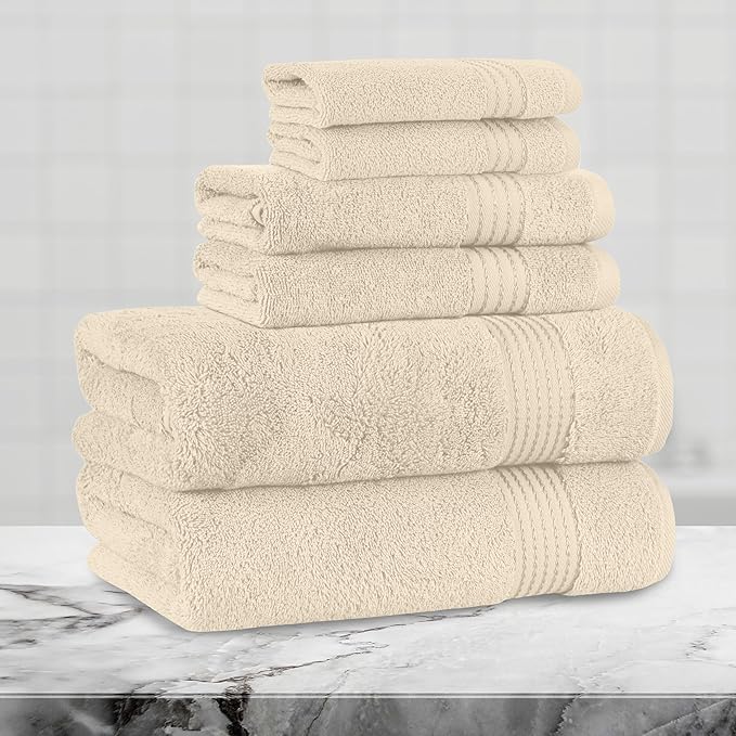 Mocassi Luxury 100% Turkish Cotton 6-Piece Towel Set - Ultra Soft, Quick Dry Highly Absorbent Premium Spa Hotel Quality Bath Towels, Includes 2 Bath Towels, 2 Hand Towels and 2 Washcloths, Ivory