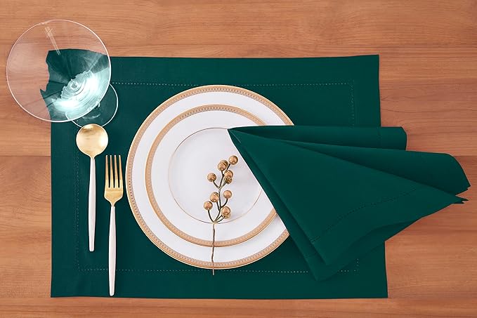 Solino Home Cloth Placemats Set of 4 - Cotton Linen Hemstitch Dark Green Placemats 14 x 19 Inch - Handcrafted and Machine Washable