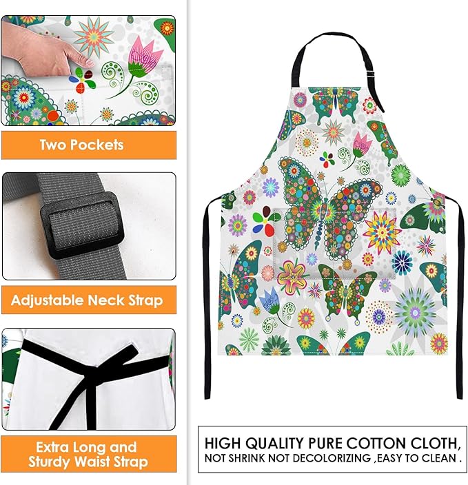 Britimes Butterfly Apron Floral Colorful Butterflies Flowers Aprons Kitchen Cooking Gardening for Women With Pockets