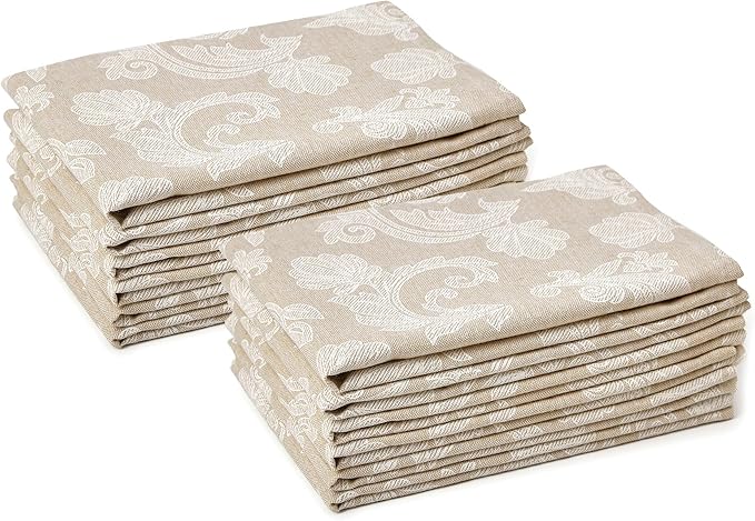 Encasa XO Beige Cloth Napkins Set of 12, 18x18 in | Floral Jacquard Homespun Cotton Dinner Napkins | Washable & Reusable Wedding Napkins for Holiday Dining, Parties, & Everyday Table Décor
