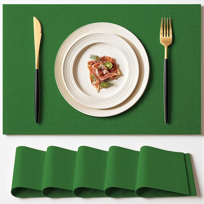 Placemats Set of 6 Linen Type Fabric Cloth Placemats, 18x12 Inch Double Layered Thick Wrinkle Free Heat Resistant Table Place, for Dining, Kitchen, Party (45 * 30cm, Dark Green)