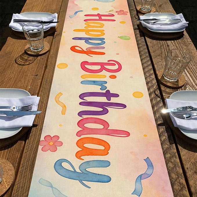 Happy Birthday Table Runner 13x72 Inch Farmhouse Polyester Linen Table Decoration for Kitchen Dinning, Indoor Outdoor Home Dinner Party (Multicolour 1)