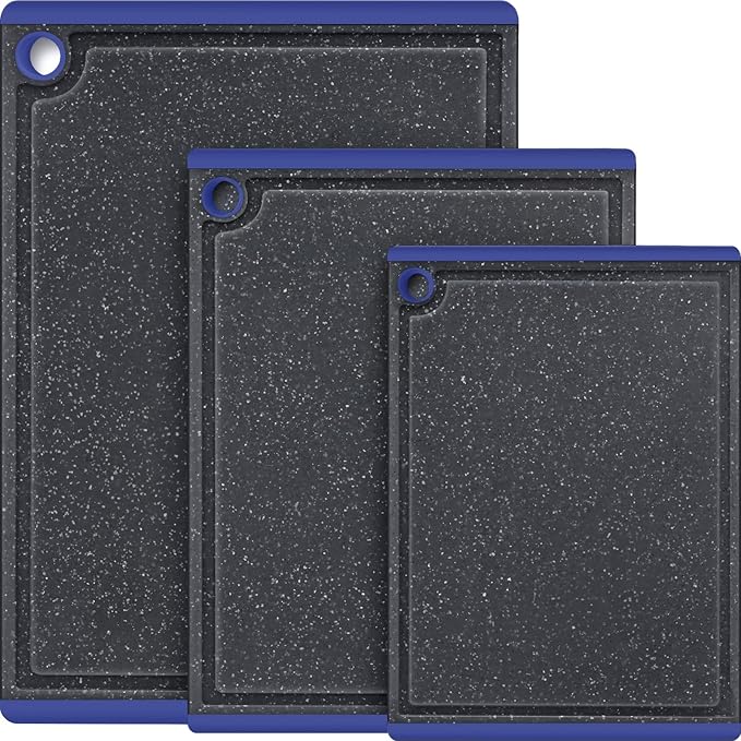 Kikcoin Plastic Cutting Boards for Kitchen, 3-Piece Large Cutting Board Set Dishwasher Safe Chopping Boards with Non-slip Feet and Juice Grooves, Blue