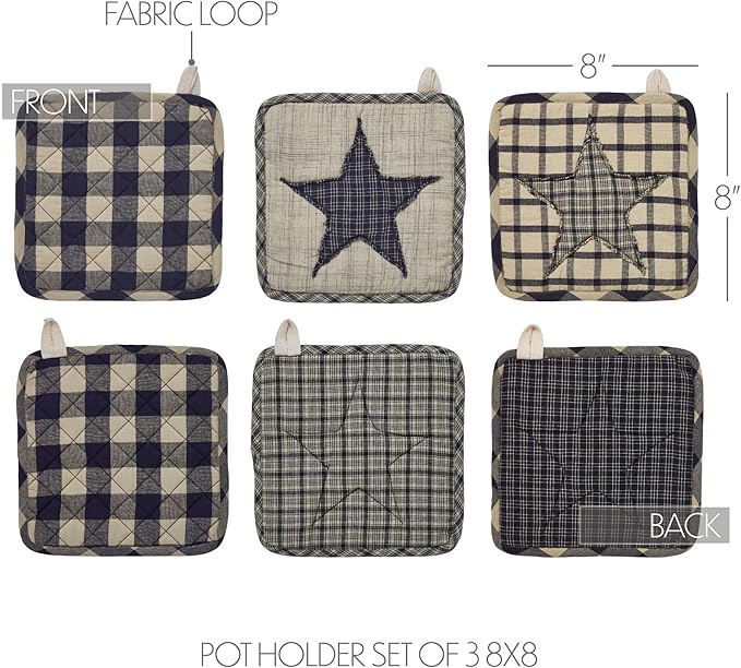 VHC Brands Cotton Pot Holder Set of 2, Heat Resistant, Kitchen Potholders, My Country Collection, Square 8x8, Navy
