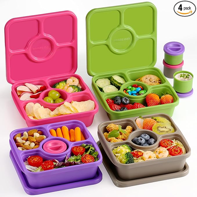 QQKO Bento Snack Box Containers for Adults Kids, Meal Prep Containers Reusuable Bento Lunch Box, Lunchable Food Storage Containers with Lids and Sauce Cups, Retro Brown