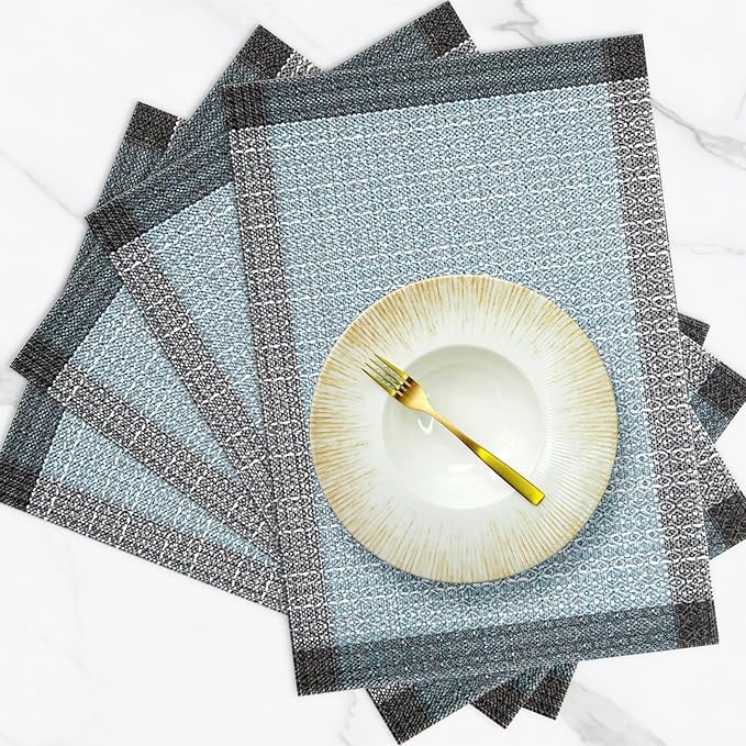 Blue Grey Placemats Set of 4, 12x18 Inch Heat-Resistant Washable Easy to Clean Place Mats, Faux Linen Cloth Table Mats Suitable for Indoor/Outdoor Parties & Kitchen Decor (Blue Grey)