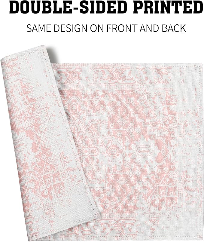 aportt Gray Pink Boho Placemats Set of 6 Ethnic Bohemian Carpet Place Mats Washable Kitchen Dining Vintage Grey Geography Floral Linen Table Mats Stain Heat-Resistant for Home Party Indoor 12x18 in