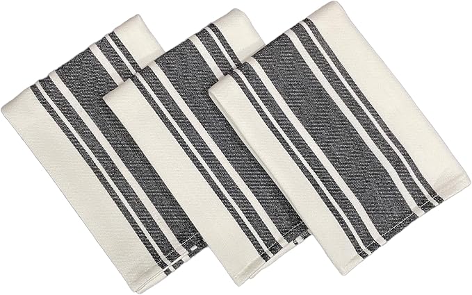 Kitchen Towels Set – Pack of 3 (20’’ x 30’’) Extra Large Premium Cotton Dish Towels for Kitchen – Super Striped Towels – Absorbent – 100% Cotton – with Hanging Loop – Black