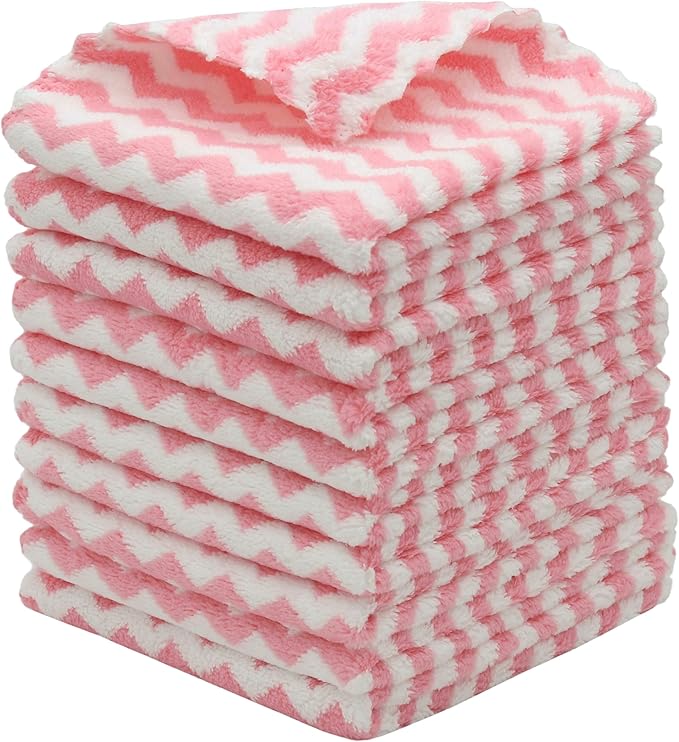 Microfiber Cleaning Cloth Lint Free Cleaning Rags, 10 Pack Fast Drying Dish Rags for Cleaning, Super Absorbent Kitchen Dish Cloths for Wash Dishes,12 in x 12 in (Pink)