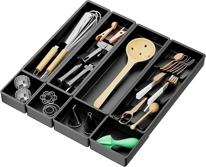 Silverware Drawer Organizer with Expandable Panel & Removable Dividers – Fits 15.67" to 21.18" Kitchen Drawers, Space-Saving Utensil Storage Solution (SPACE BLACK, W17.3 x L15.7 inches)