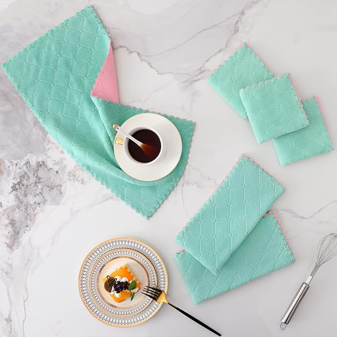 Mordimy 12 Pack Kitchen Towels (20" x 10", Green & Pink), Super Soft and Absorbent Dish Towels, Coral Velvet Microfiber Cleaning Cloth, Nonstick Oil Fast Dry Dish Cloths
