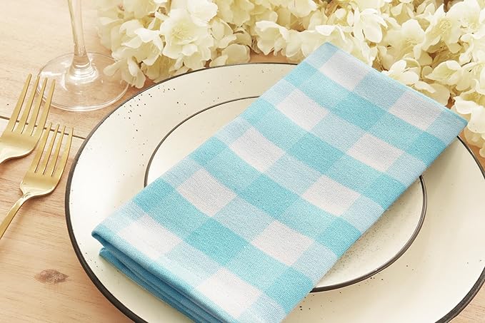 PurpleEssences Buffalo Plaid Cloth Napkins - Mitered Corners - Spring Easter Summer - Gingham Check Dinner Napkin - Set of 12-100% Cotton - 18x18 Inch - Reusable Washable - Aqua Blue and White
