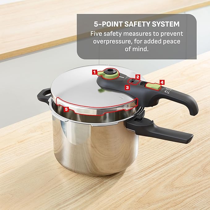 T-Fal Secure Stainless Steel Pressure Cooker, 6.3 Quart, Steam Basket, Induction, Secure Locking System, Easy and Safe Opening, Compatible with All Cooktops, Dishwasher Safe, Silver