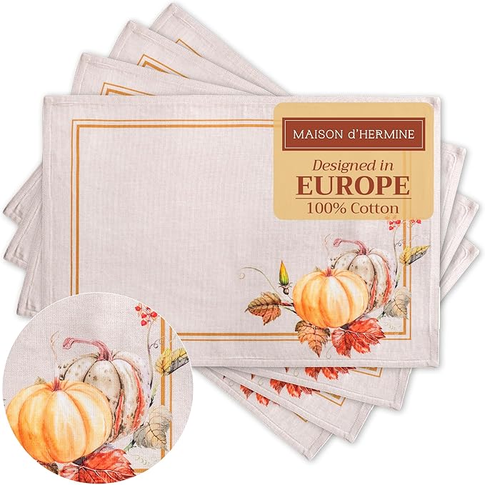 Maison d' Hermine Placemats Set of 4 100% Cotton Washable Cloth Place Mats, Reusable Table Mats for Thanksgiving Christmas Decorations Kitchen Dining Party Wedding Restaurant (Potiron, 13" x 19")