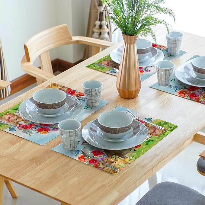 Easter Rabbit Floral Place Mats - Bunny Placemats Set Spring Flowers Colth Table Mats for Home Kitchen 12x18 in