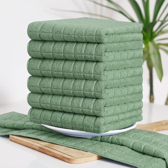 Homaxy Premium Cotton Kitchen Towels 16"x 28", Large Natural Ring Spun 390 GSM Dish Towels, Super Absorbent Terry Kitchen Hand Towels, Soft Tea Towels with Hanging Loop, Pure Grass Green, 6 Pack