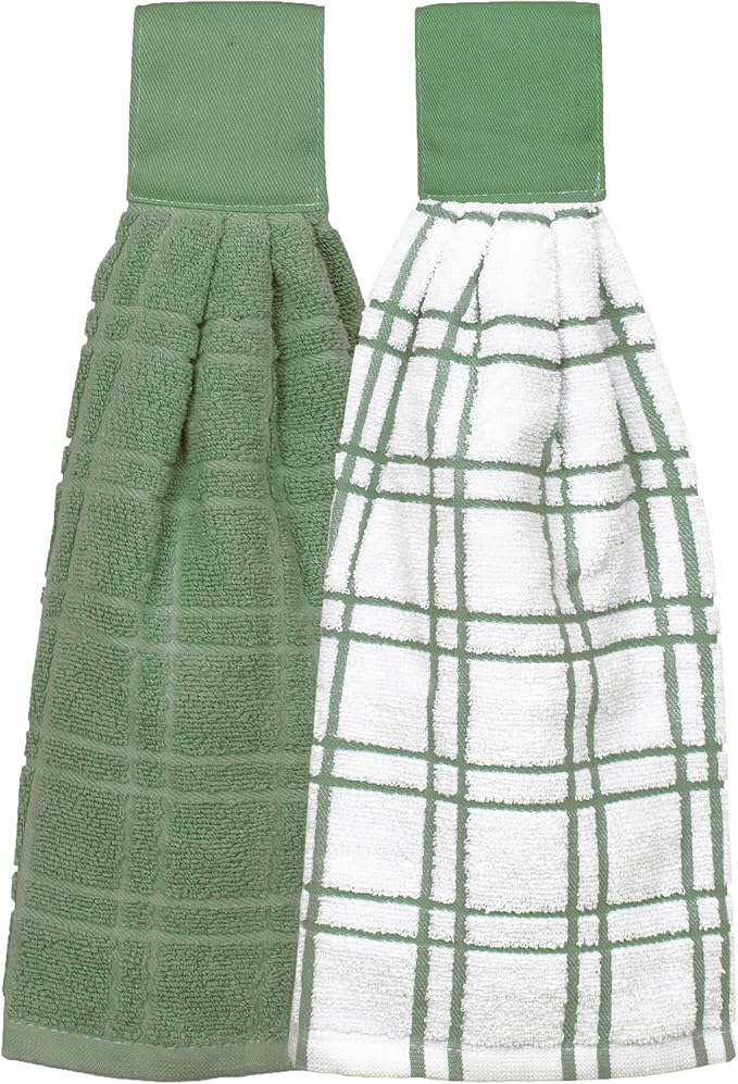 Ritz Premium 100% Cotton Solid and Multi Check Kitchen Tie Towel, Absorbent, Super Soft, and Fast Drying Hang Towel, Set of Two, Juniper