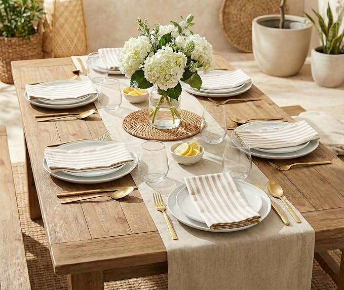 PurpleEssences Plain Striped Cloth Napkins - Set of 12-100% Cotton - 18 x 18 Inch - Spring Easter Summer and Perfect Everyday Use Dinner Napkin - Beige and White