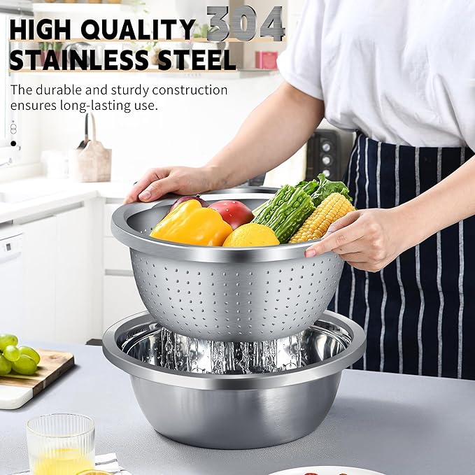 Colander 304 Stainless Steel 4-quart with Mixing Bowls, Strainer for Kitchen Food For washing vegetables, fruit, rice, Dishwasher Safe. (2PC)