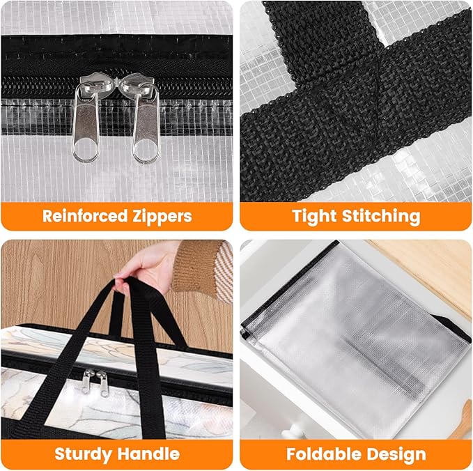 BlissTotes 4 Pack Clear Clothes Storage Bags, Moving Bags, Foldable Blanket Storage Under Bed Storage Containers with Sturdy Zipper and Handle for Clothing, Comforter, Bedding, Sheet (90L)