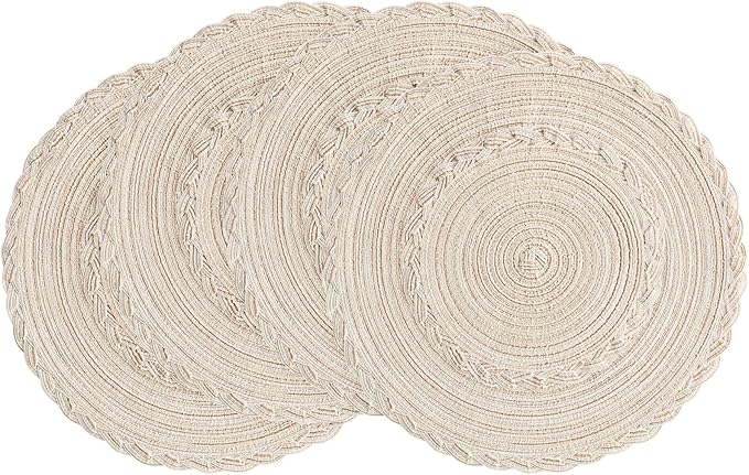 Floroom 15 Inch Round Braided Placemats Set of 4, Washable Heat Resistant Cotton Polyester Circle Boho Place Mats for Kitchen Dining Table - Canvas Beige Bordered