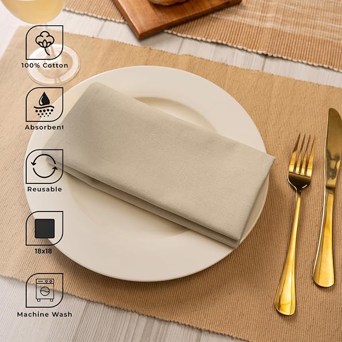 Blue Needles Solid Cloth Napkins Set of 12 Beige 100% Cotton Dinner Napkins 18x18 inches - Spring Summer Easter - Soft, Reusable, Absorbent & Washable Linen, Ideal for Events Parties & Everyday Use
