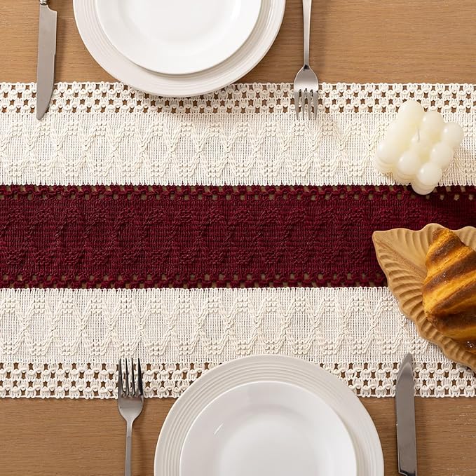 Socomi Boho Table Runner Easter Spring Farmhouse Rustic Dining Kitchen Centerpiece Decor Small Macrame Woven Cotton Linen Coffee Table Runner for Dresser Scarf Home Decor 12x72 in Burgundy Ivory