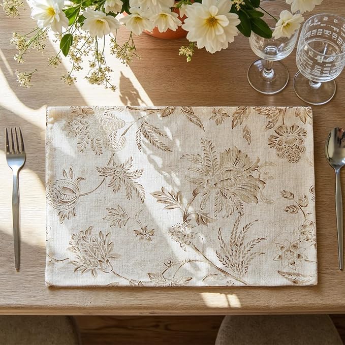 JINCHAN Linen Floral Fall Placemats Set of 4 Cloth Table Mats Rustic Cottagecore Jacobean Outdoor Seasonal for Kitchen Dining Table Decor Washable Tablemats 13x19 Inch Taupe