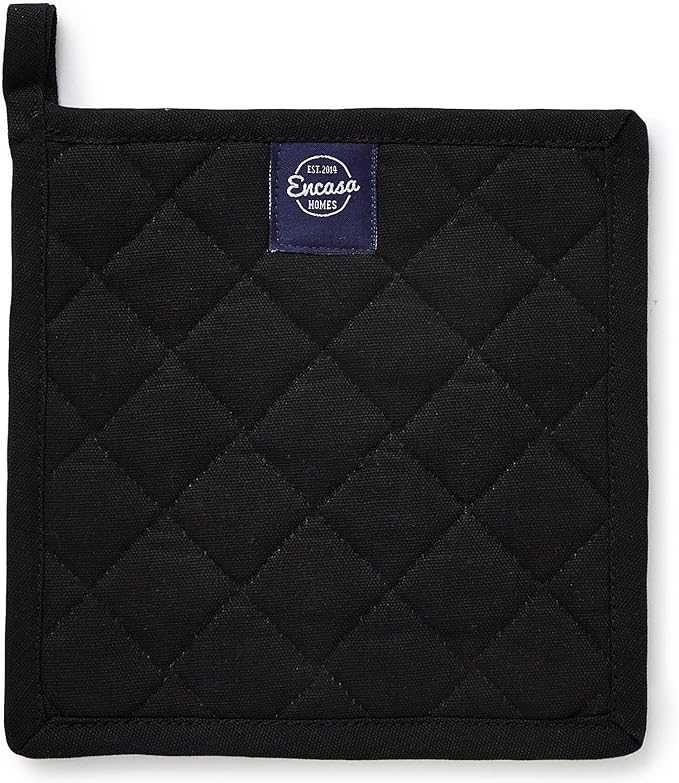 Encasa XO Heat Resistant Cotton Pot Holders with Hanging Loop - Set of 2 - Full Black - Multipurpose Quilted Everyday Hot Pad for Kitchen, Camping, BBQ & Microwave - 8x8 in
