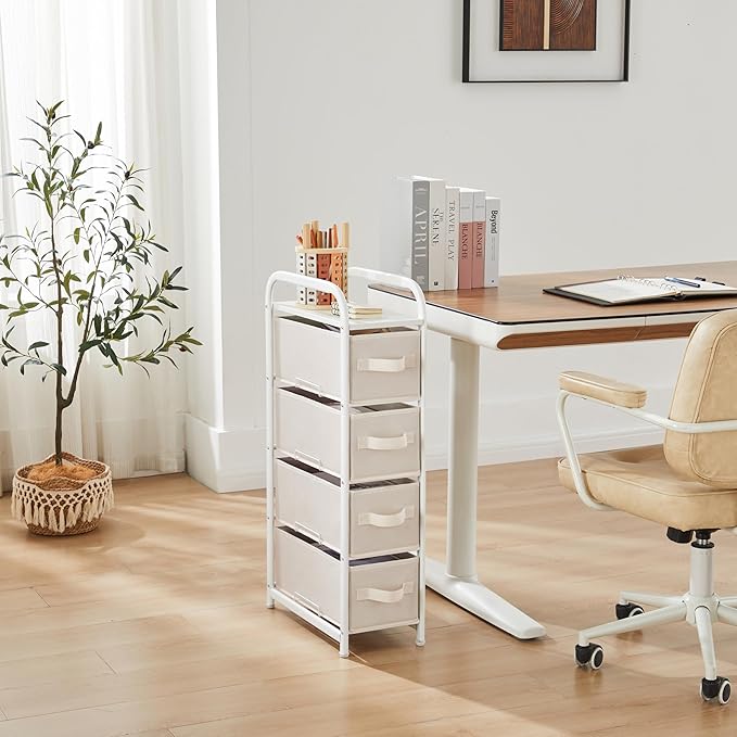 MAX Houser 4 Drawer Narrow Dresser Fabric Storage Tower Vertical Slim Storage Chest Organizer Nightstand Side/End Table Small Standing Organizer Removable Drawers Wood Top for Bedroom, Bathroom(Beige)