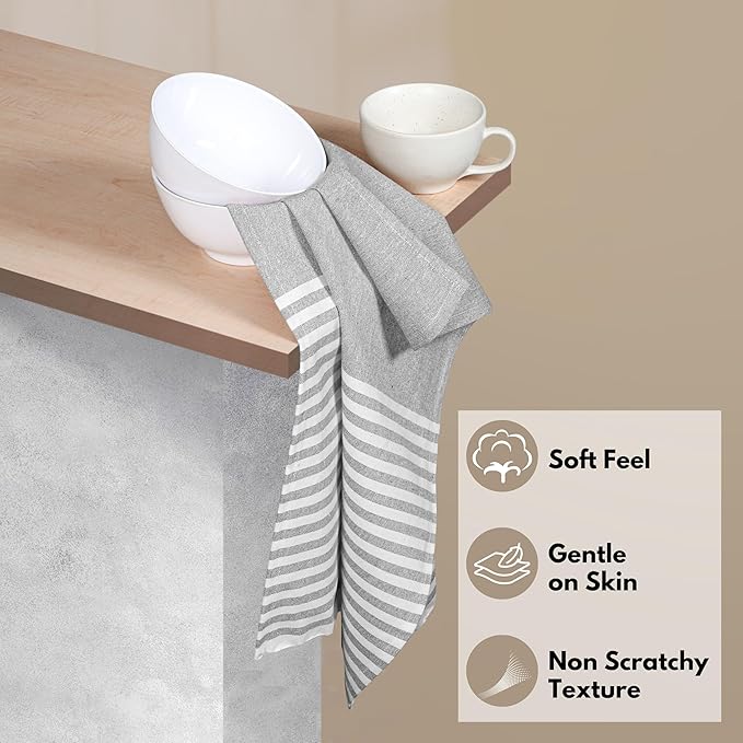 Cloth Napkins 18x18 Inches - Striped Design, 100% Cotton, Reusable & Durable Fabric Napkins for Dining, Everyday Meals, Events, Parties - Machine Washable, Set of 4, Melange Grey