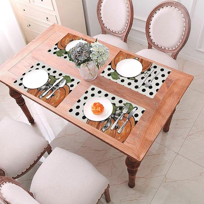 Fall Placemats Set of 4, 12x18 Inches Polka Dot Orange Pumpkin Decorative Linen Rectangle Autumn Thanksgiving Decor Pumpkin Table Mats for Party Home Kitchen Dining Table Decoration