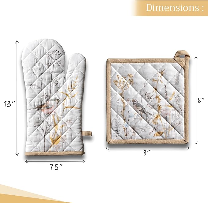 Maison d' Hermine 100% Cotton Oven Mitt & Pot Holder Set (7.5"x13" & 8"x8") Heat Resistant BBQ Cooking Gloves with Loop Baking Kitchen Gifts for Mothers Day Spring/Summer (Meadow Florals - Beige)