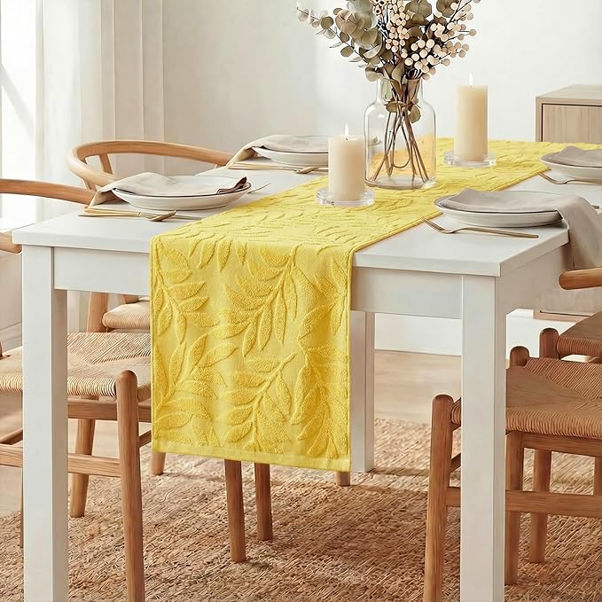 Artoid Mode Yellow Soft Cotton Jacquard Leaves Spring Table Runner, Holiday Kitchen Dining Table Decoration for Home Party Decor 13x72 Inch
