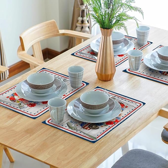 Patriotic Truck Linen Placemat Sets American Flag Flowers Place Mat for Home Dining Tabletop Decor