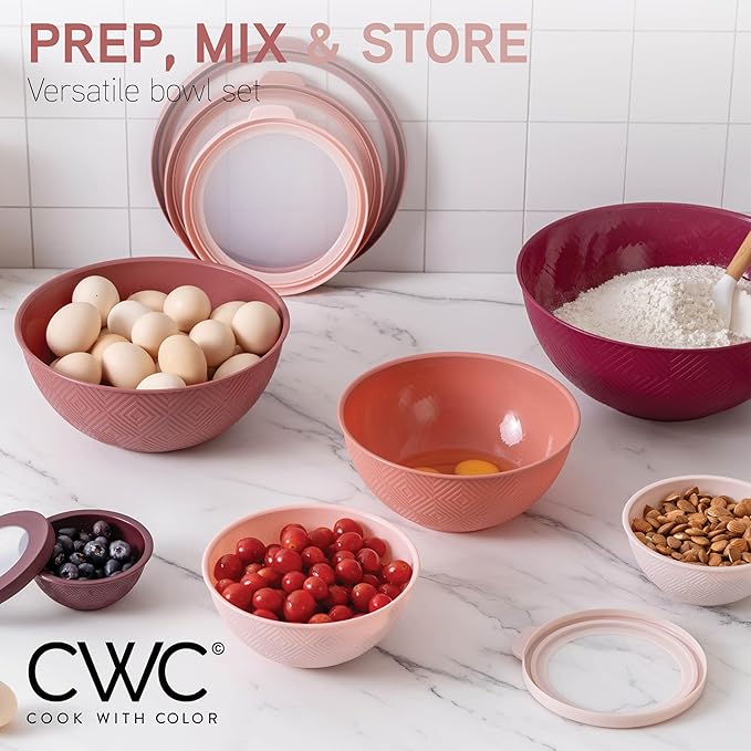 COOK WITH COLOR Mixing Bowls with Lids - 12 Piece Plastic Nesting Bowls Set includes 6 Prep Bowls and 6 Lids, Microwave Safe Mixing Bowl Set, Rose Rhombus