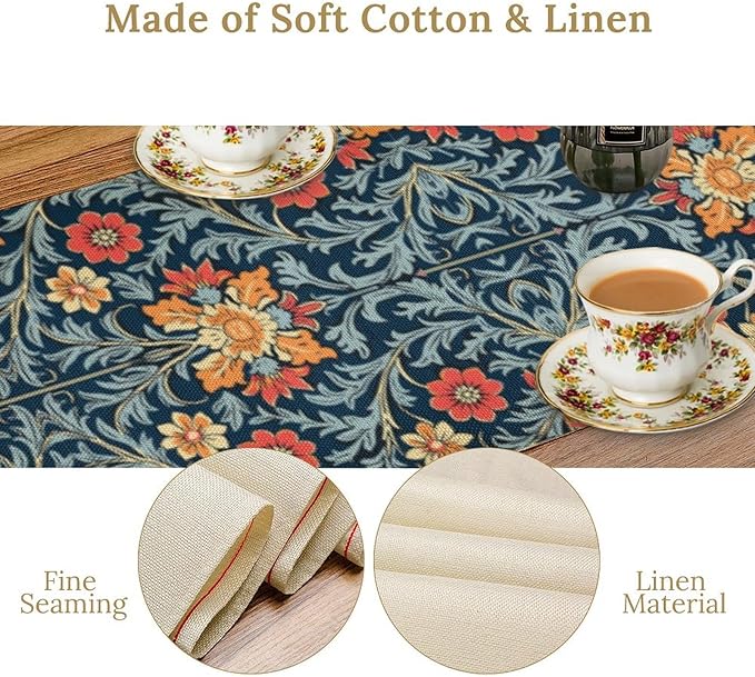 William Morris Table Runner Rural Farmhouse Vintage Flower Art Printed Dinner Runner for Home Kitchen Dining Table Decor Fabric 1 Panel W13xL120in