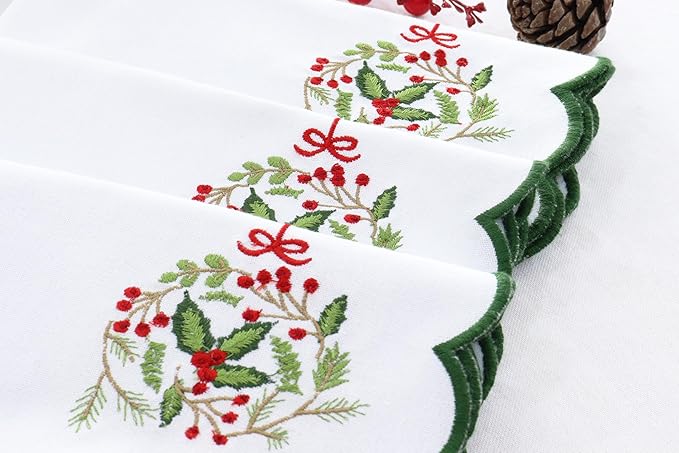PurpleEssences Scalloped Embroidery Cloth Napkins - Spring Easter Summer - Table Decor - 100% Cotton - Set of 4-18x18 inch - White - Edges - Forest Green - Christmas Wreath