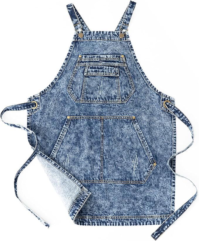 Jeanerlor - Cotton Denim Apron with Pockets for Men - Jean Apron for Hairstylis Cross Straps & Adjustable L to XXL (Denim Blue)